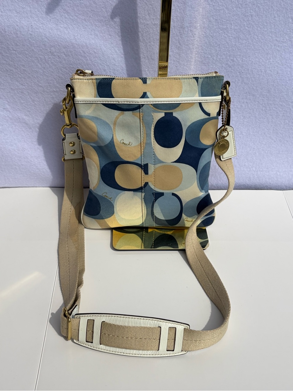 Coach Beige and Blue Circle Print Crossbody Bag